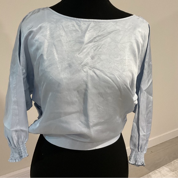 🧵Babaton Soft Ice Blue Shiny Satin Faux Wrap crop top . - Picture 1 of 8